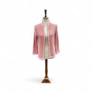 Roz and Ali Pink Textured Open Cardigan with cream Frayed Trim Size S